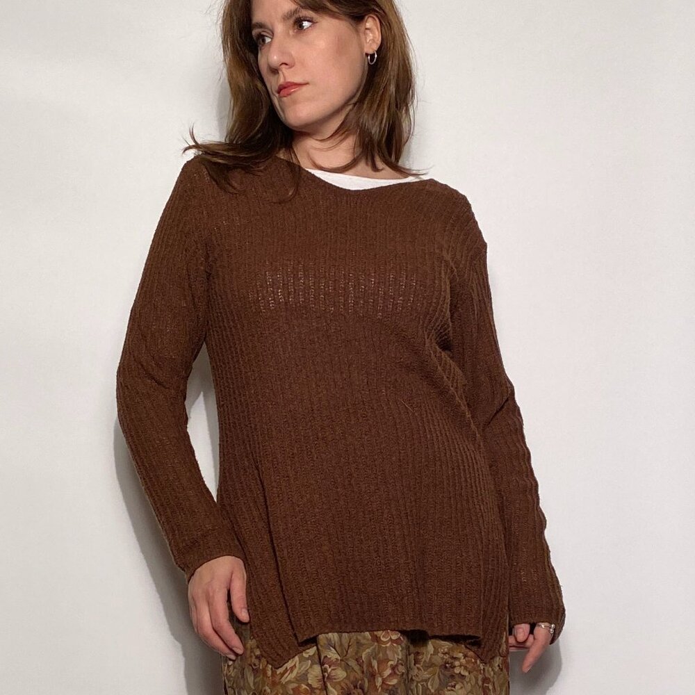 Vintage 1990s Brown GRUNGE V Neck Sweater with Side Slits and Open Weave -- M-L